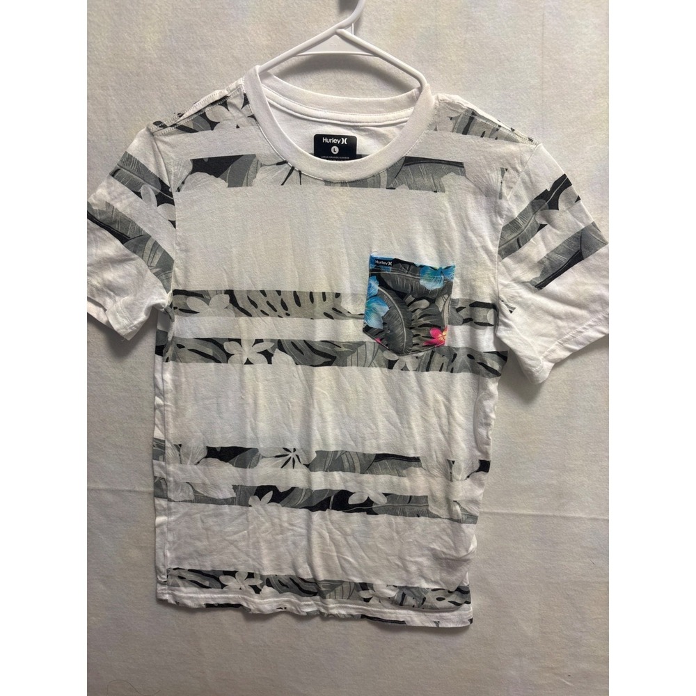 Hurley T-Shirt Kids Large White Gray Excellent Tropical Stripe Pocket Tee